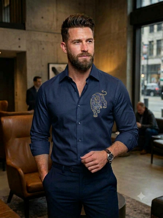 Aquarius Navy Blue Colour Blue Gold Stone Stud Tiger Print Japanese Shirt 991416-A