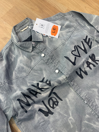Denim Jacket Grey White Printed Make Love Not War Black Colour 80845