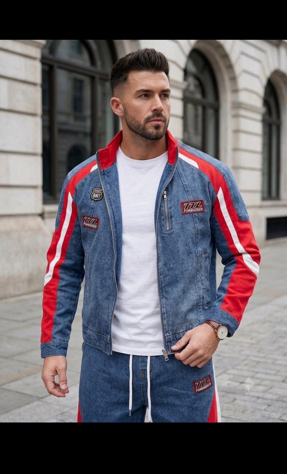 JMX Denim Red White Colour Manrton Print Jacket And Denim Cargo Imported Unisex Coord Set 991080