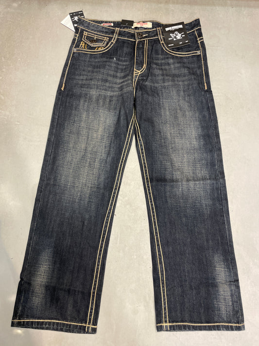 TR TRUE RELIGION Navy Blue Colour Cream Thread Work Premium Quality Baggy Fit Imported Jeans TR15-A