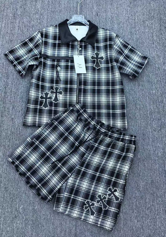 FASHION LINE white Black Check With Black Leather Collar Premium Quality Imported Unisex Coord Set 3327