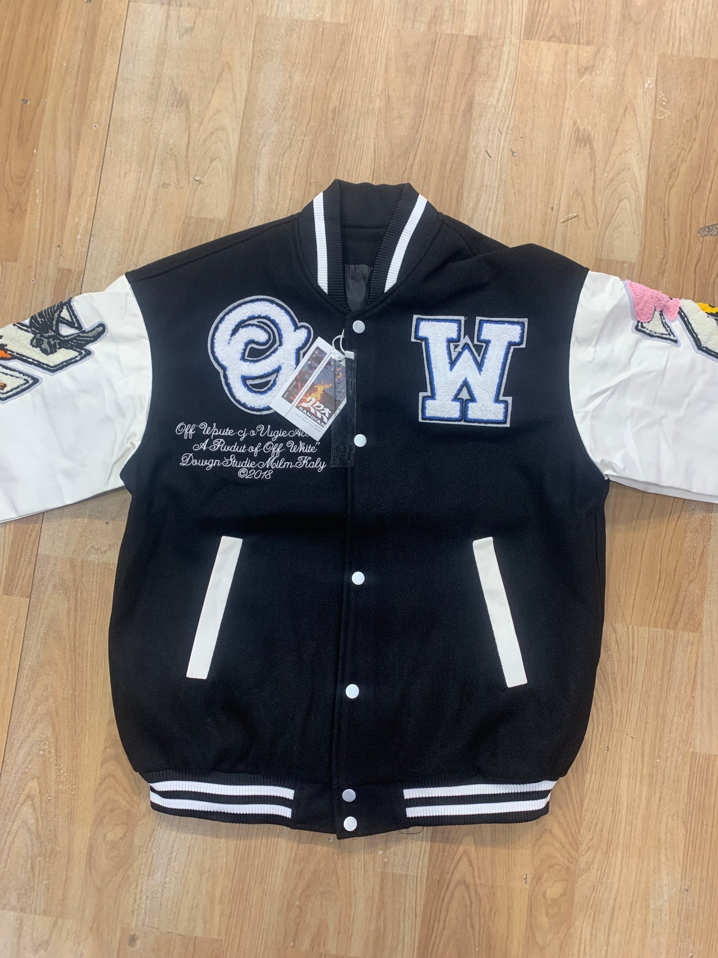 Off White Black Colour With Front Back Patch Work Premium Quality Varsity Jacket 909101