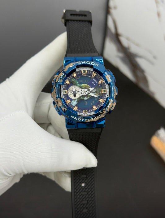Hsg Black Silicone Strap Silver Metal Dial Water resistant Blue Men Watch 989501
