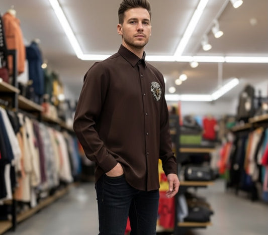 AQUARIUS Brown Colour Eagle Gold Black White Stud Design Premium Quality Full sleeve Shirt 2571