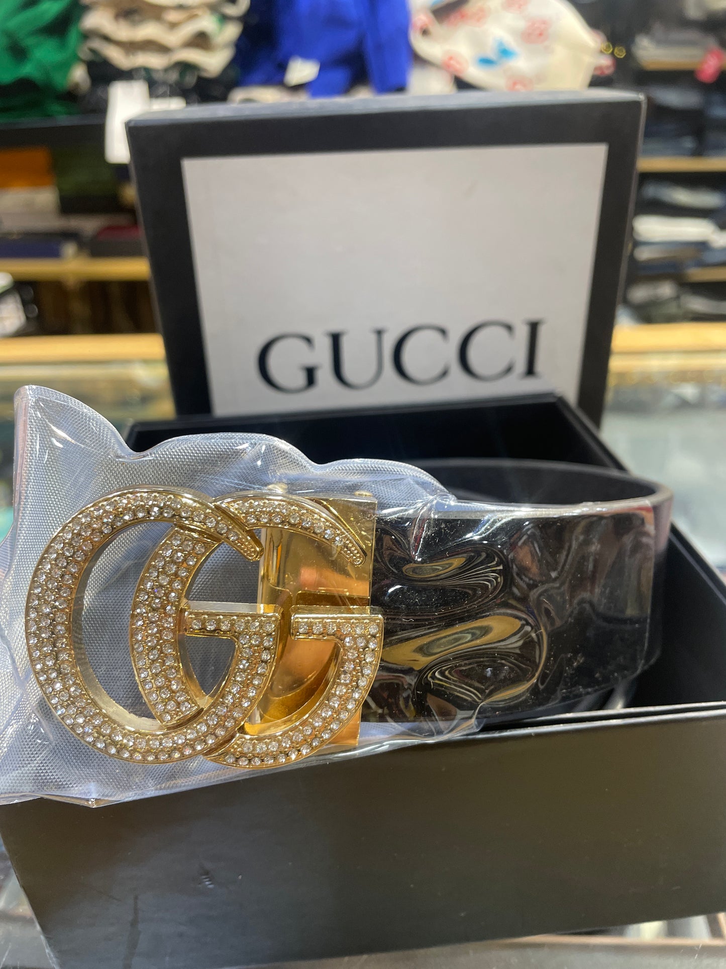 CUG GUC  Black Strap Golden Stone Buckle Belt 989904