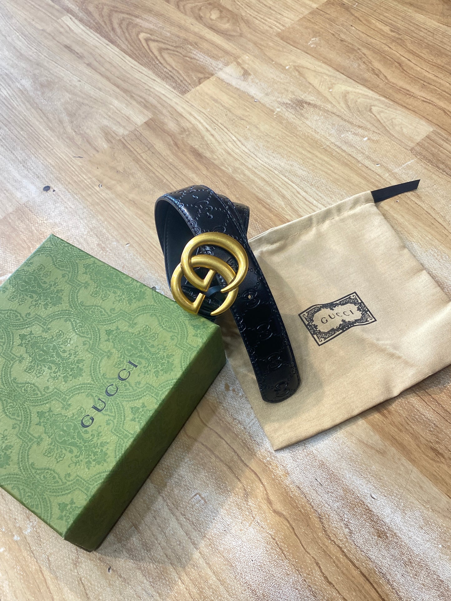 Cug Guc Black Strap GG Print Golden Buckle Belt 989064