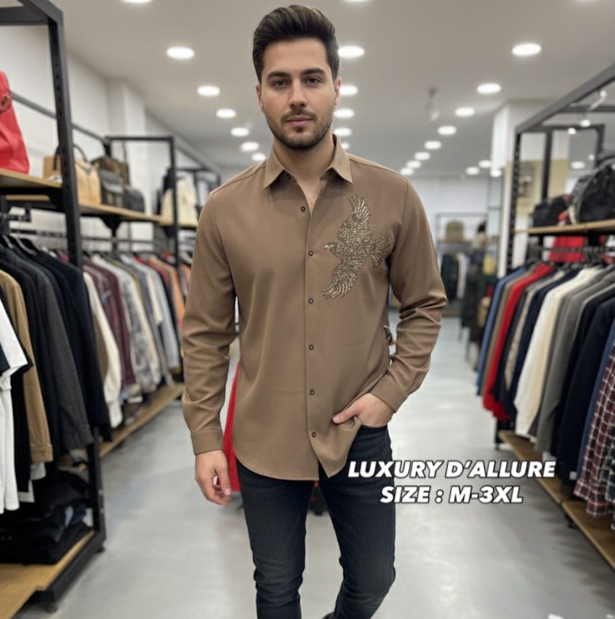 AQUARIUS Light Brownish Colour Eagle Gold Black White Stud Design Premium Quality Full sleeve Shirt 2572