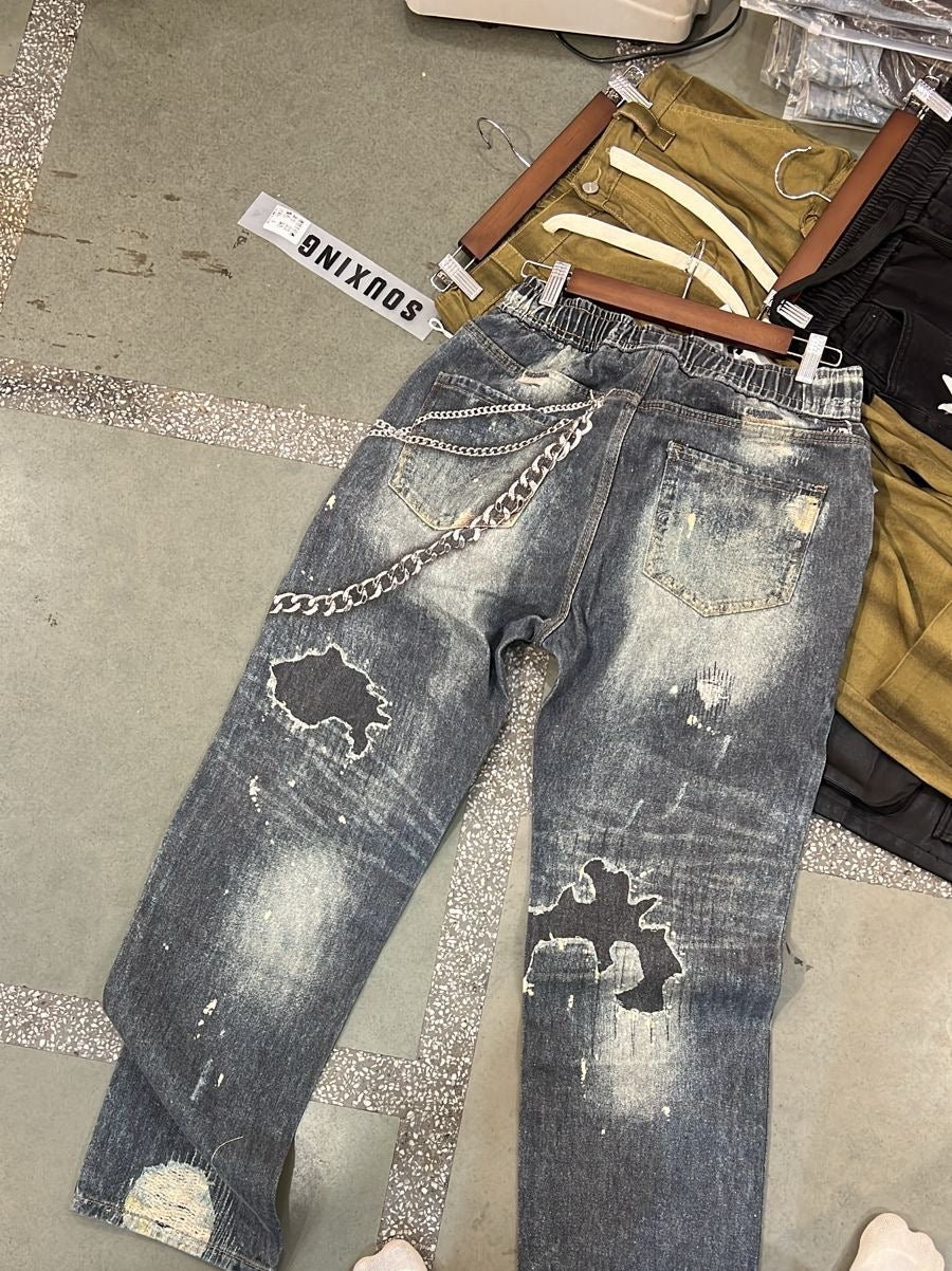 SOUXING Grey Colour with Printed  Work Premium Quality Regular Fit Korean Denim Jeans 2159