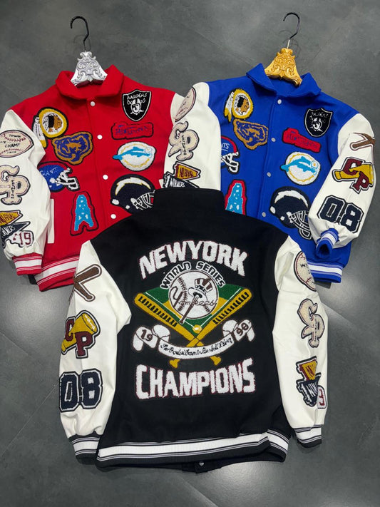 Champion Red Colour With Front Back Patch Work Premium Quality Varsity Jacket 66802