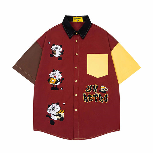UNKONG RETRO Maroon Yellow Brown Colour Cat Cartoon Print Half Sleeve Imported Oversized Unisex Shirt 2533