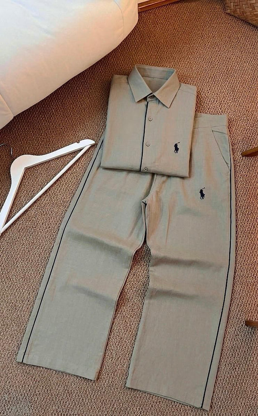 LOP POL Green Colour Linen Half Sleeve Shirt With Lower Coord Unisex Set 990542