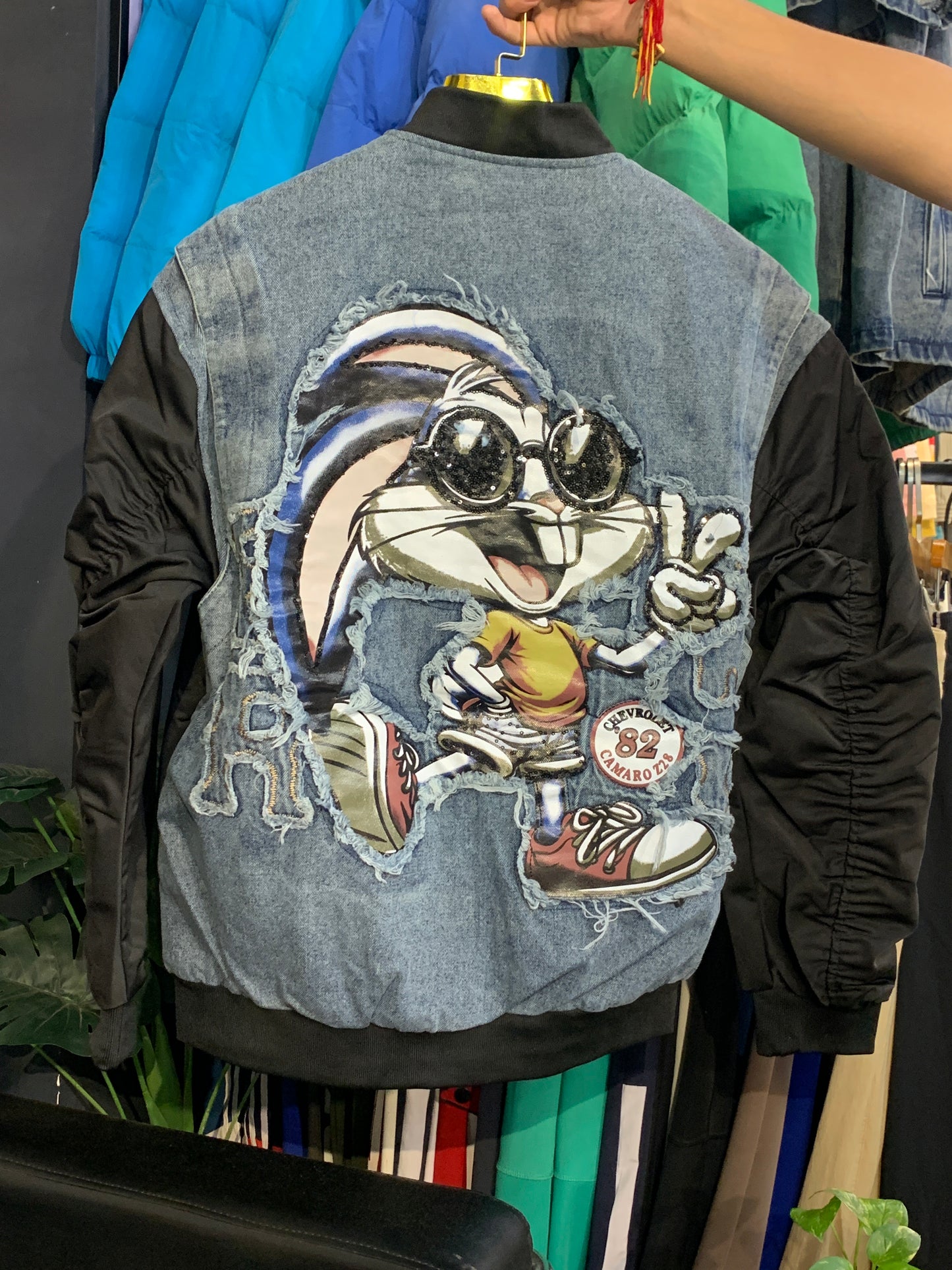 BCLEIN Black Colour With Rugged Blue Denim Embroidery Back Print Premium Quality Unisex Varsity Jacket 017