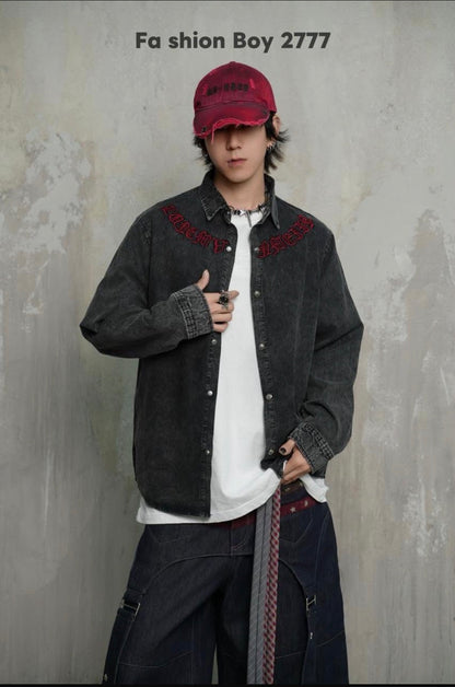 Vogue Design RHC CHR Faded Black Colour Red Embroidery  Full Sleeve Imported Men’s Shirt 2777