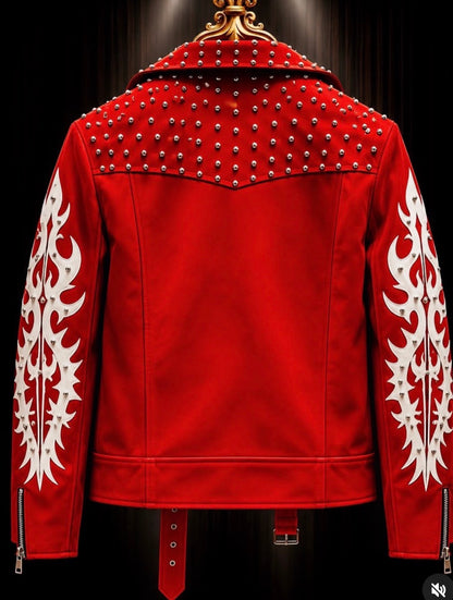 Hot Trousers Glossy Red Colour Stud White Embroidery Print Multy Zip Italian Leather  Imported Jacket 8606-7-A