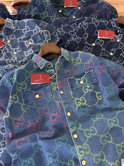 Cug Blue Colour Green Purple GG Print Double Pocket Half Sleeve With Lower Denim Coord Set 989478