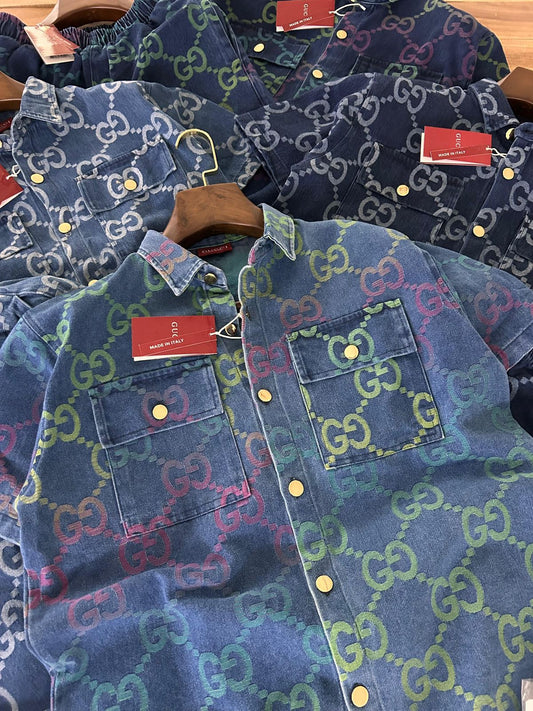 Cug Blue Colour Green Purple GG Print Double Pocket Half Sleeve With Lower Denim Coord Set 989478