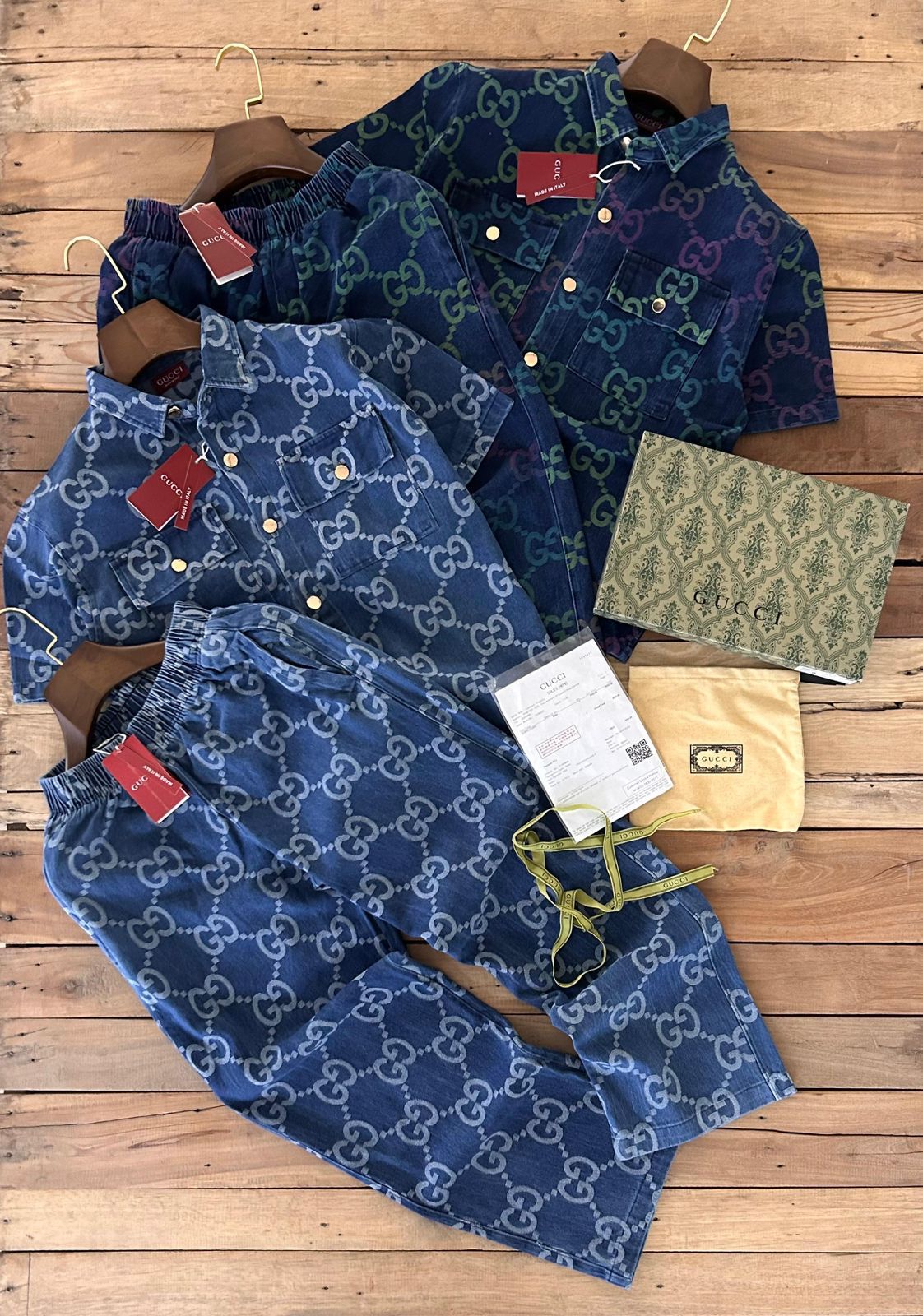 Cug Blue Colour Green Purple GG Print Double Pocket Half Sleeve With Lower Denim Coord Set 989478