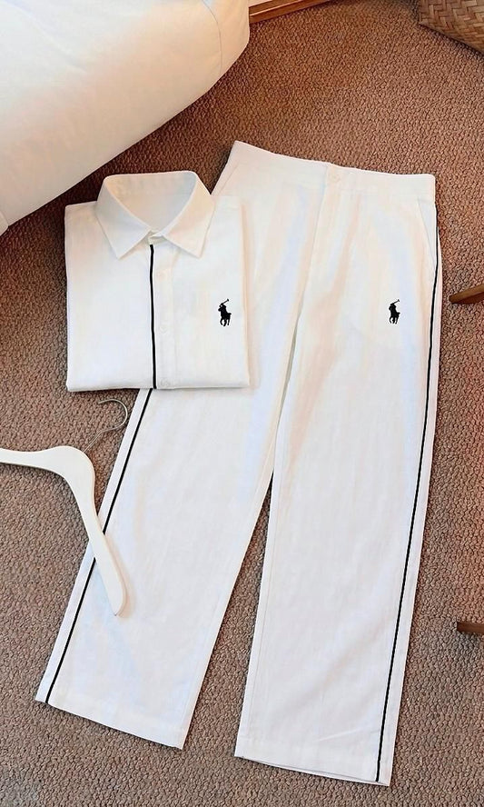 LOP POL Cream Colour Linen Half Sleeve Shirt With Lower Coord Unisex Set 990541