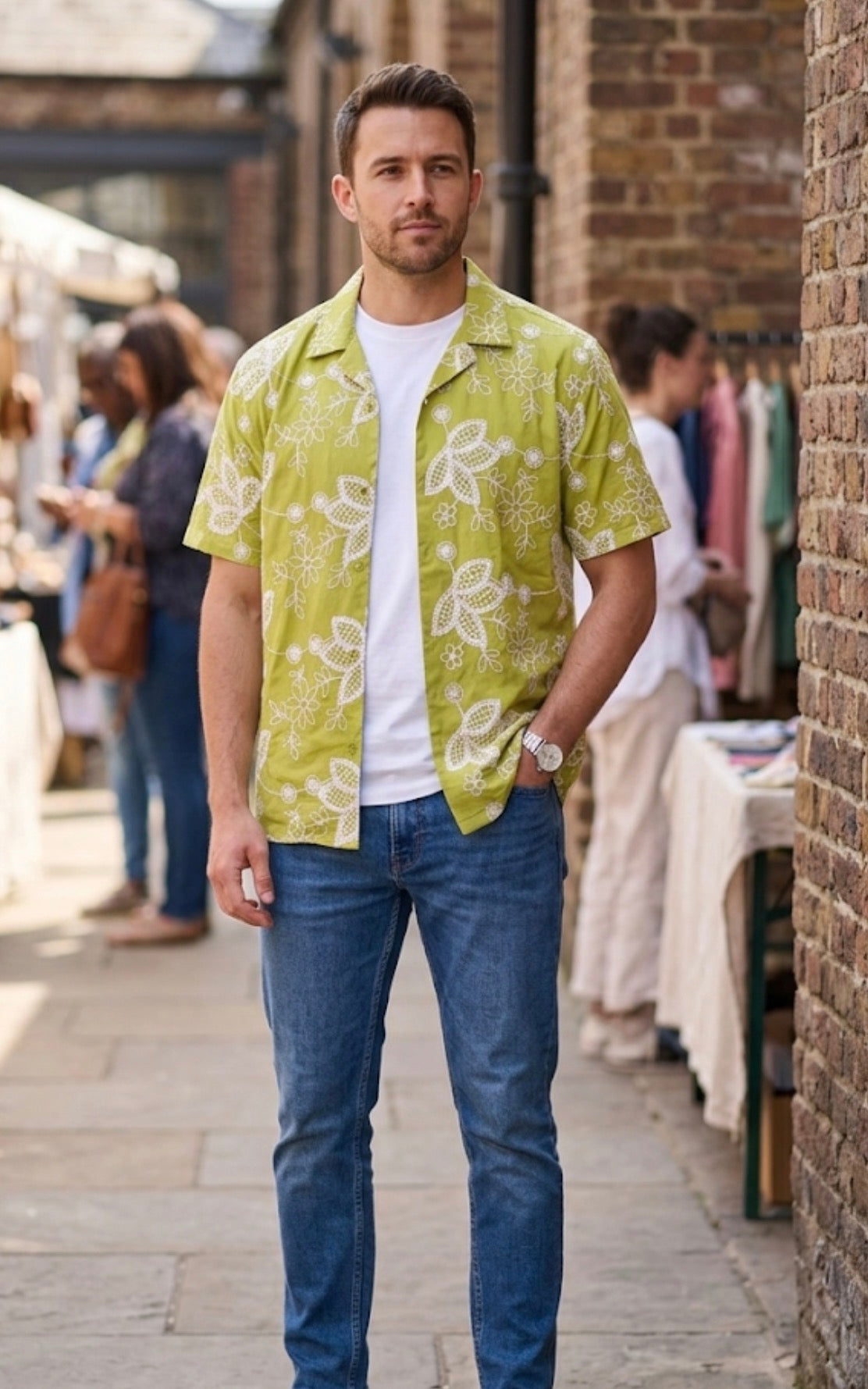 B.S.D Green Colour Flower Embroidery Premium Quality Half Sleeve Shirts 2712