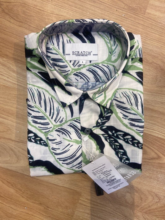 White leaf Green Print SCRATCH Shirt Haft Selves 00073487