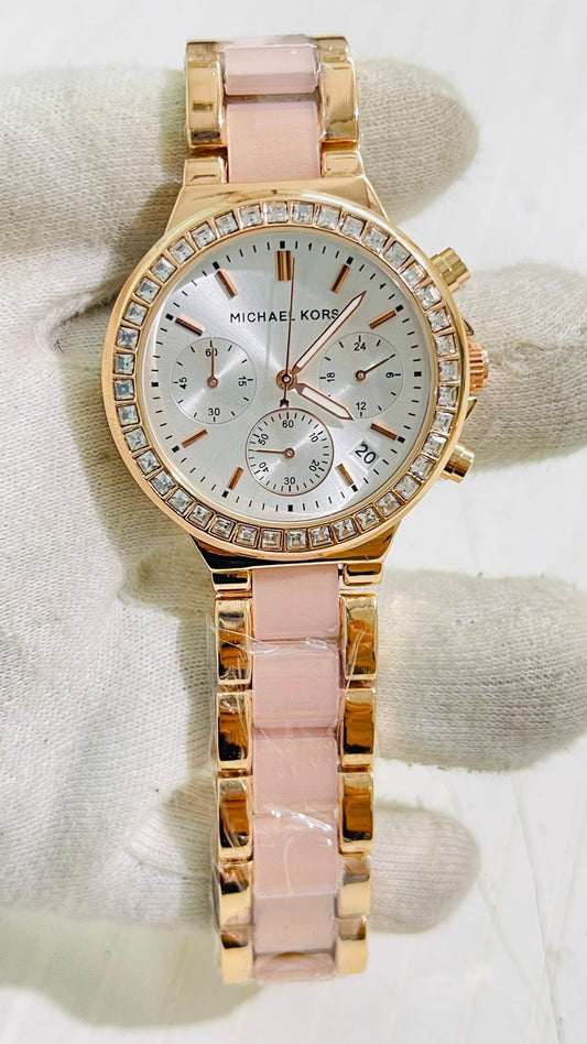 Cim Copper Pink Chain White Dial Studed Ladies Watch 989359