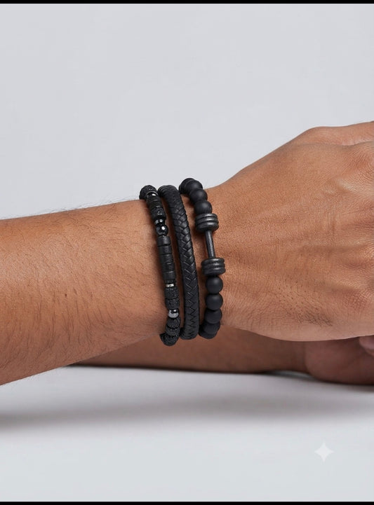 NICKEL FREE Black Colour Imported Unisex Leather Bracelet Pack of Three 25977
