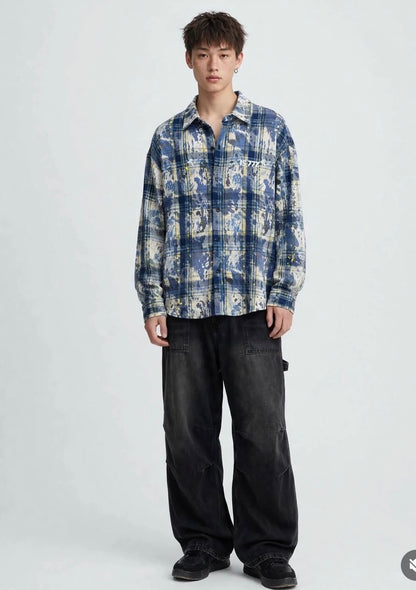 NAN YI GE Blue Yellow Cream Check lS 77 Embroidery Premium Quality Full sleeve Imported Shacket 8837