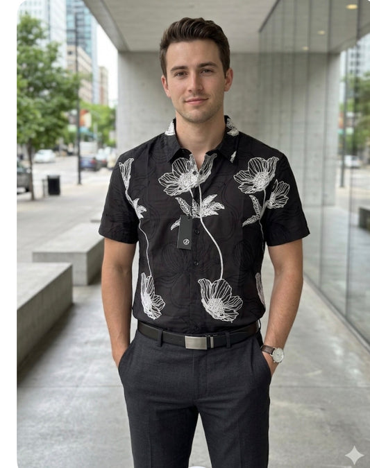 B.S.D Black Colour Flower Embroidery Premium Quality Half Sleeve Shirts 2698