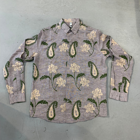 BC Light Purple Colour Beige Green Embroidery Work Full Sleeve Linen Shirt 9193
