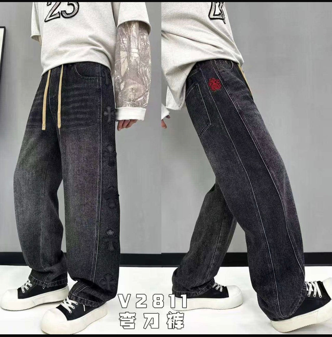 ZSCP Faded Dark Grey Colour RHC CHR Leather Patch Denim Jogger Pant V2811