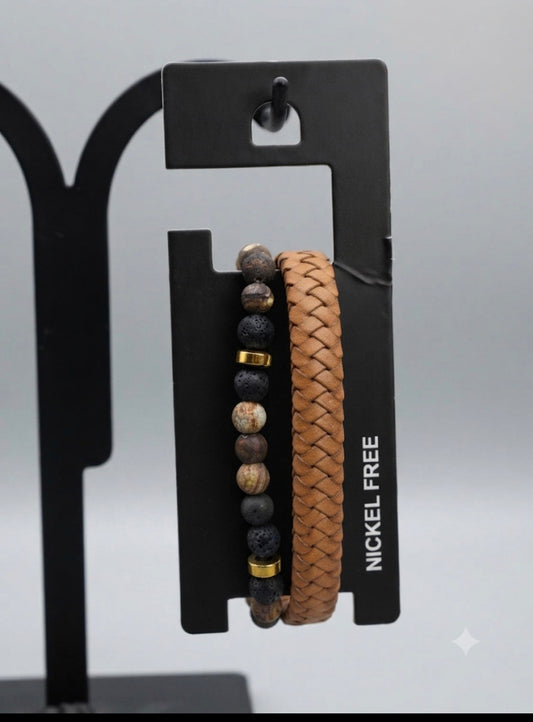 NICKEL FREE Tan Black Colour Imported Unisex Leather Bracelet Pack of Two 25991