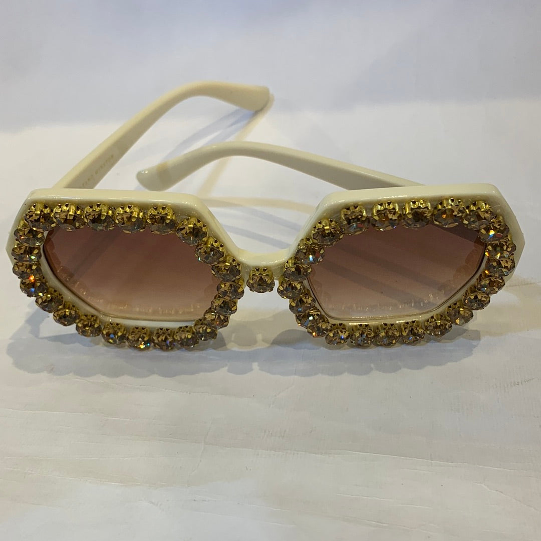 MAH Off White Frame Brown Shade Crystal Rhinestone Sunglass