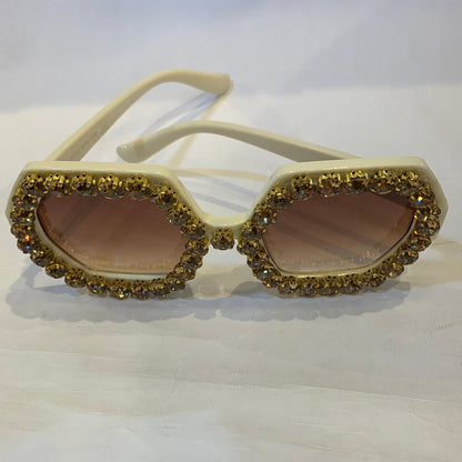 MAH Off White Frame Brown Shade Crystal Rhinestone Sunglass