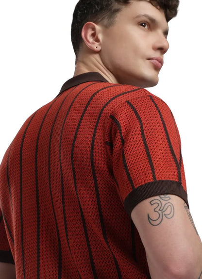 BUSA Orange Colour with Brown Lines Knitted Premium Quality Unisex Collar T-Shirt 2040