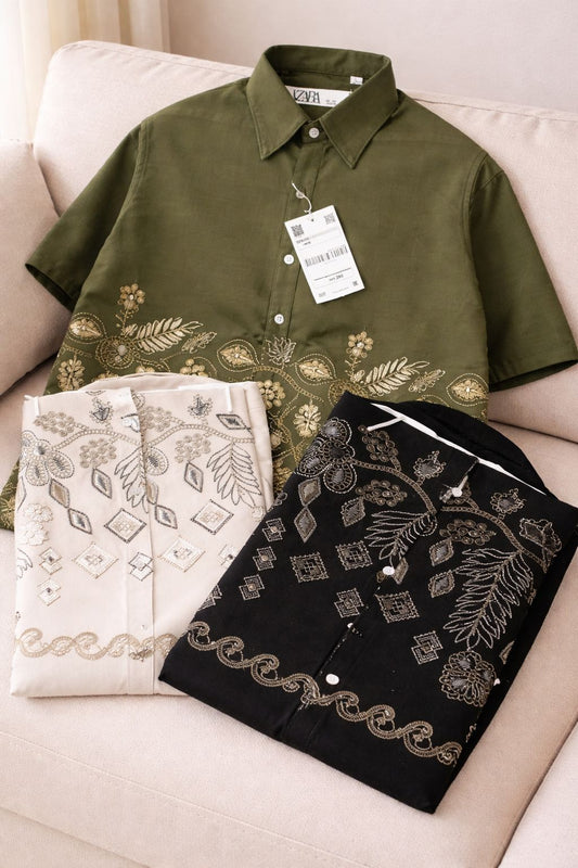 RAZ ZAR Black Colour With Beige Print Drop Shoulder Premium Quality Unisex Shirt 990407