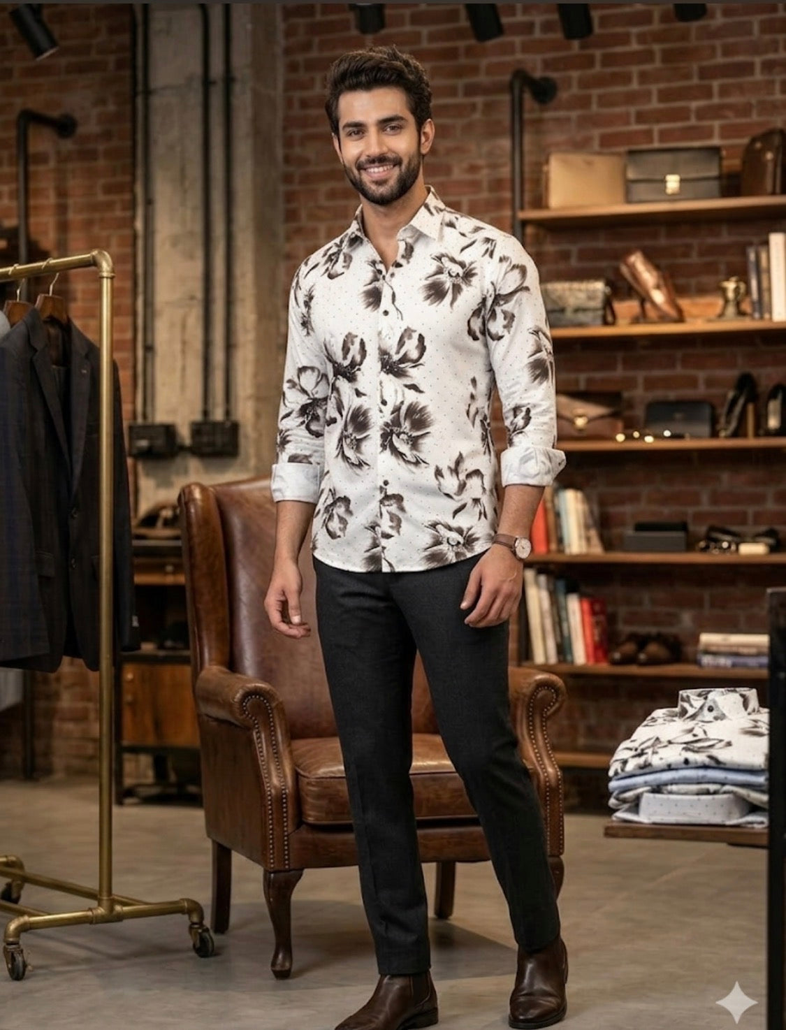 AQUARIUS White Colour Black Grey Flower Print Black Stud Premium Quality Full sleeve Shirt 990768