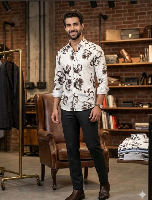 AQUARIUS White Colour Black Grey Flower Print Black Stud Premium Quality Full sleeve Shirt 990768