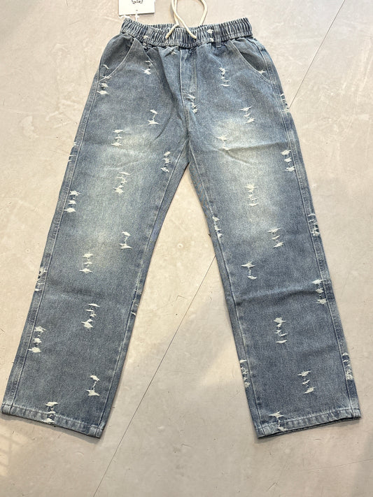 Fashion Design Blue Faded Colour Rugged Denim Jogger Pant 2836