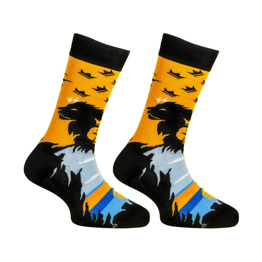 PAPA SOCKS Black Yellow Lion Print Premium Quality Full Unisex Socks 989938