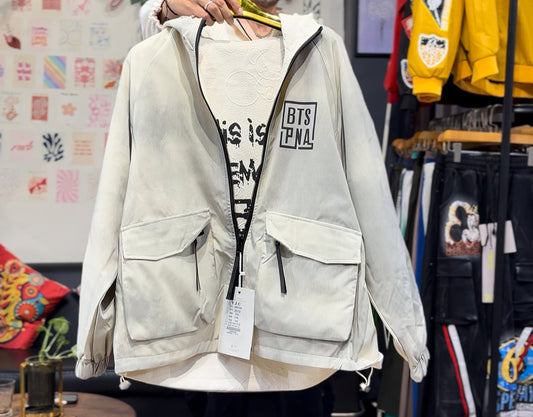 Bts Pna Ban Cream Grey Print Full Sleeve Hooded Reversible Jacket 2515