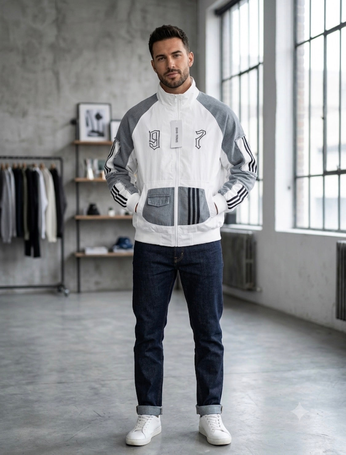 SHUAI QIFS 97 White Colour With Rugged Blue Denim Design Premium Quality Unisex Jacket 268-15