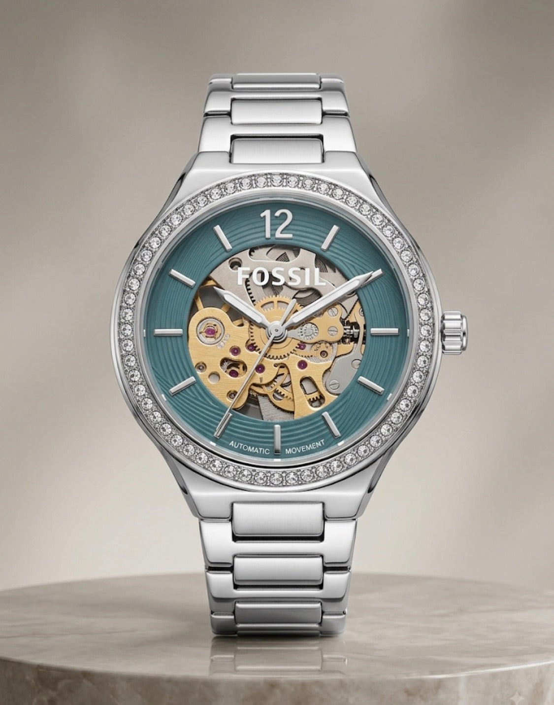 SOF FOS Silver Chain Stud Ring Blue Dial Automatic Ladies Watch 991041