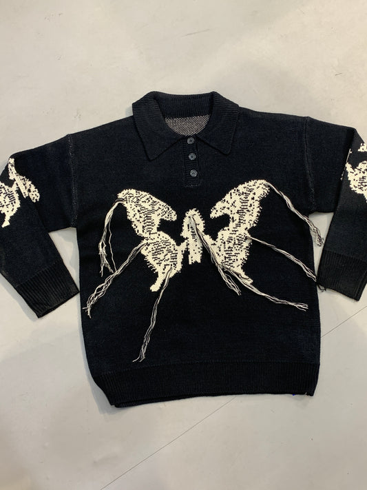 LET’S ROCK Black Important Ripped Collar Oversized Unisex Knit Sweater 7571