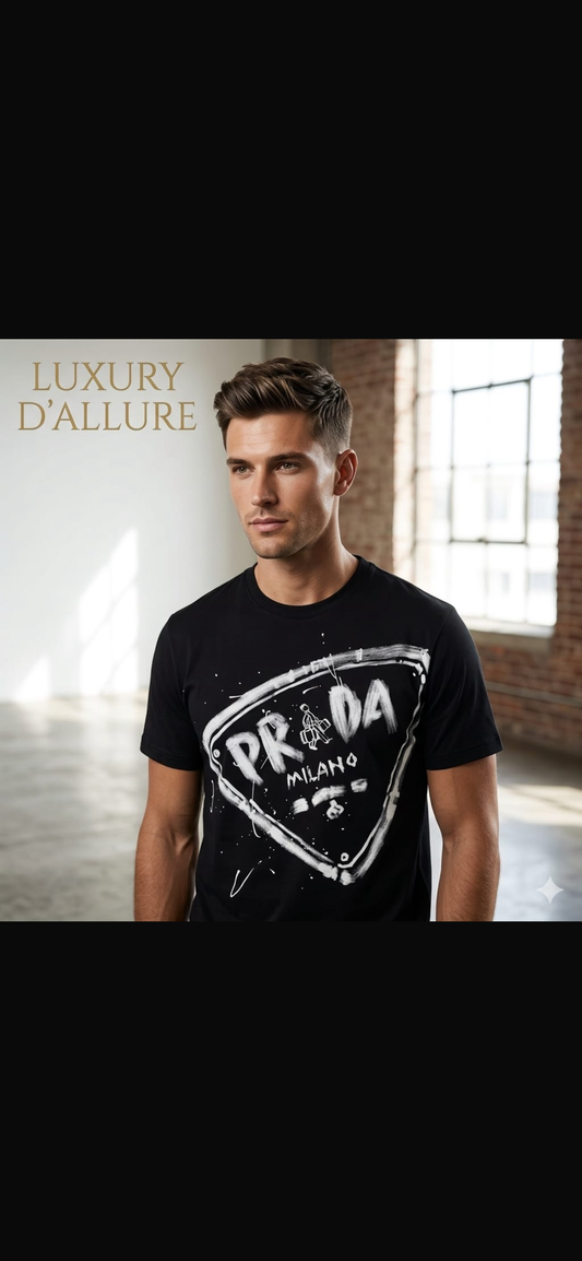 Fashion ARP PRA Black Colour Prada Milano Print Imported Oversize Unisex T-shirt 2203