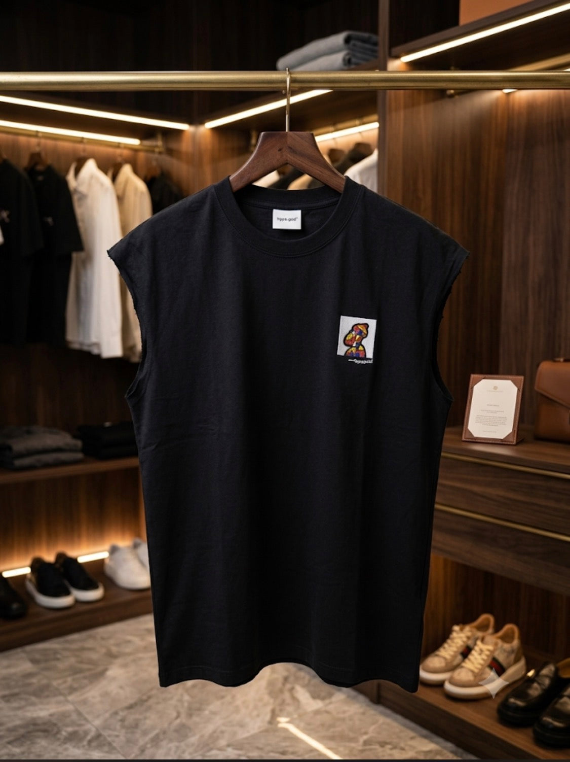 Moguan Design Black Colour  Upowerlion Print Cut Sleeve Sando A9808