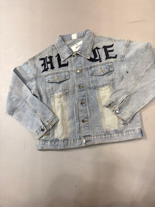 LDA Sky Blue Stone Work Panther Print Full Sleeve Denim Jacket 8845