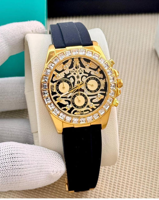 LOR Black Silicon Strap Golden Diamond Dial Chrono Working Men’s Watch 989679