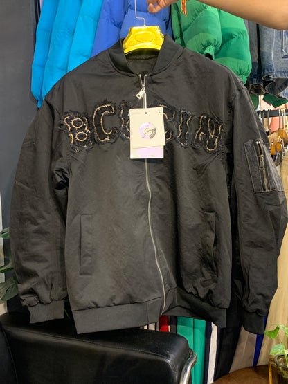 BCLEIN Black Colour With Rugged Denim Embroidery Back Print Premium Quality Unisex Varsity Jacket 017