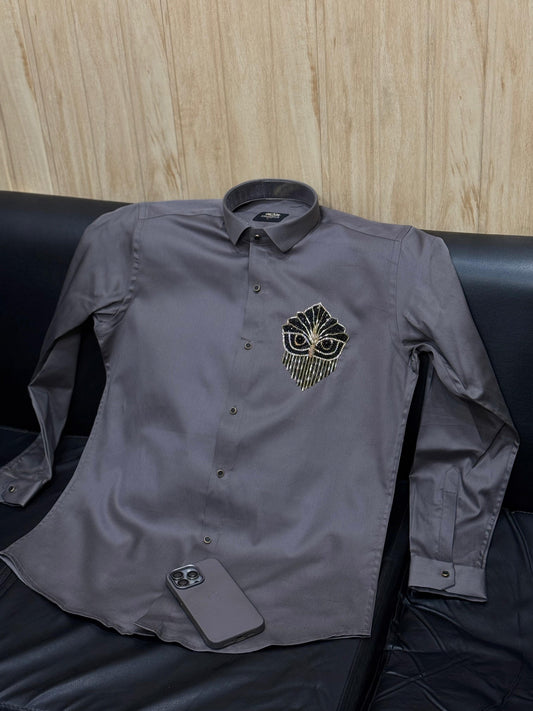 AQUARIUS  Grey Colour Owl Black Gold Stud Design Premium Quality Full sleeve Shirt 2510