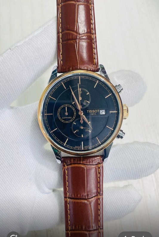 Sit Brown Strap Black Dial Copper Ring Chronograph Working Men Watch 989977
